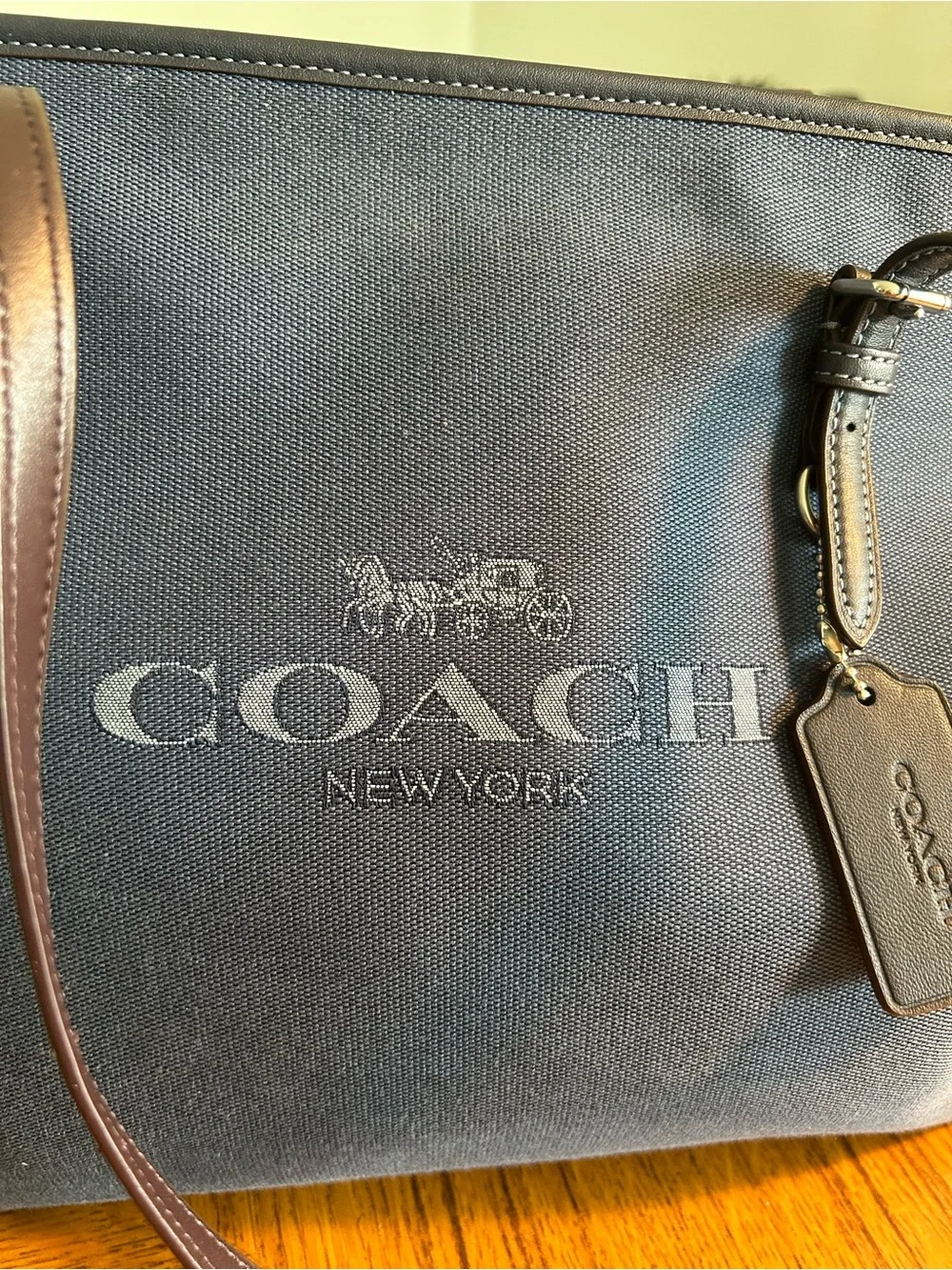 Coach Navy Canvas Tote with Brown Leather Trim